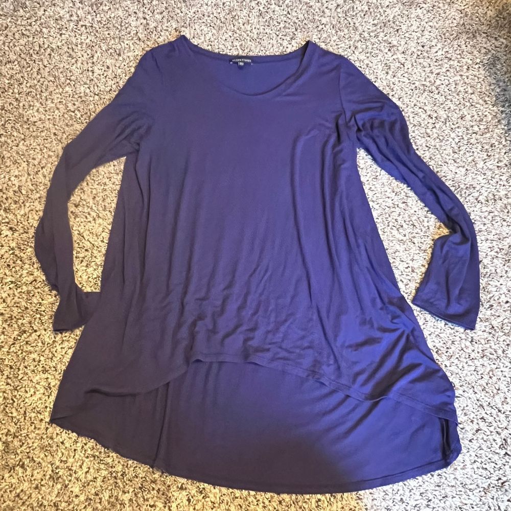 Eileen Fisher Navy Blue Long Sleeve Asymmetric Tunic Stretch Jersey Knit Size‎ L